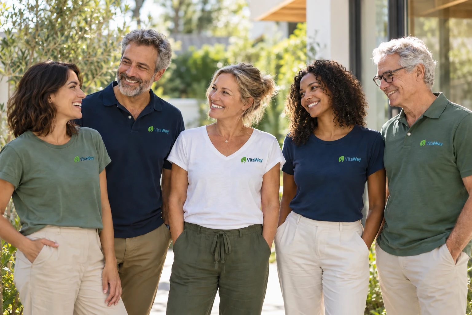 VitaWay-Coaching-Team in unterschiedlichen Team-Shirts im Gespräch